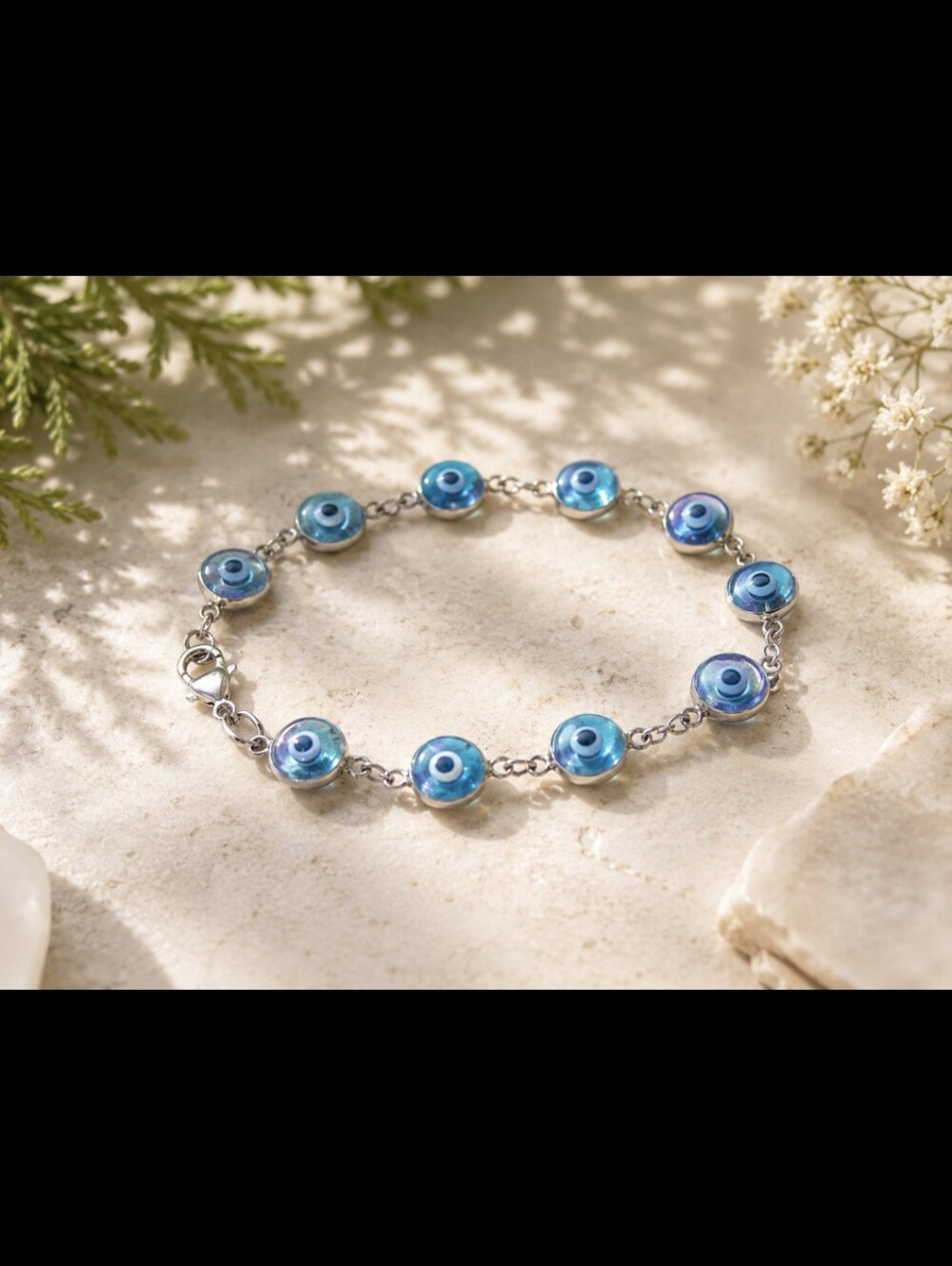 Sterling Silver 925 Evil eye Bracelet with Blue Beads  and Silver Connectors